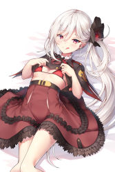 1girl, :q, absurdres, bangs, bed sheet, bikini, black flower, black shirt, blue archive, breasts, brown skirt, closed mouth, eyebrows visible through hair, feet out of frame, flower, frilled skirt, frills, hair between eyes, hair flower, hair ornament, highres, lifted by self, long hair, looking at viewer, lying, mutsuki (blue archive), on back, red bikini, red eyes, shirt, shirt lift, short sleeves, side ponytail, skirt, small breasts, smile, sob (submar1089), solo, swimsuit, tongue, tongue out, very long hair, white hair
