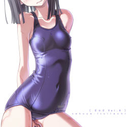 Rule 34 | 1girl, black hair, head out of frame, one-piece swimsuit, original, purple one-piece swimsuit, purple school swimsuit, sakuya tsuitachi, school swimsuit, shiny clothes, solo, swimsuit, wet, white background