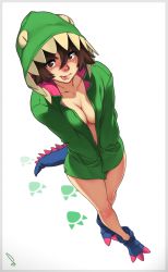 Rule 34 | 1girl, breasts, brown eyes, brown hair, cleavage, cosplay, dinosaur costume, feguimel, from above, full body, highres, looking at viewer, navel, no bra, open clothes, original, paw shoes, shoes, short hair, simple background, solo, tongue, tongue out