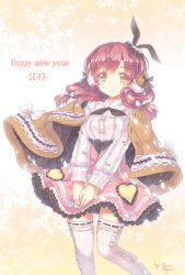Rule 34 | 10s, 1girl, 2013, :&gt;, blush, bow, coat, earmuffs, hair bow, heart, highres, long hair, looking at viewer, musical note, new year, north abyssor, original, red hair, skirt, smile, solo, thighhighs, v arms, white thighhighs