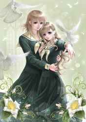 Rule 34 | 2girls, animal, bad id, bad pixiv id, bird, blonde hair, blue eyes, feathered wings, feathers, flower, green background, green serafuku, green theme, highres, holding, hug, light smile, lips, long hair, long skirt, long sleeves, maria-sama ga miteru, multiple girls, nijigin, outstretched arm, outstretched hand, parted lips, pigeon, puffy long sleeves, puffy sleeves, rosary, rose, satou sei, school uniform, serafuku, skirt, sparkle, stained glass, toudou shimako, white bird, white feathers, white flower, white rose, wings, yuri