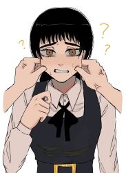 Rule 34 | 1girl, 1other, ?, anger vein, black hair, brown eyes, chainsaw man, cheek pinching, clenched teeth, commentary, dolphin cat, fourth east high school uniform, frown, highres, mitaka asa, pinching, ponytail, pov, pov hands, school uniform, teeth
