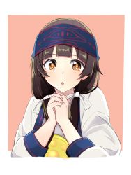 Rule 34 | 10s, 1girl, :o, amayadori machi, blunt bangs, blush, border, brown eyes, brown hair, eyebrows, hair ribbon, headband, highres, jacket, kazenoko, kumamiko, long hair, long sleeves, looking at viewer, low twintails, open clothes, open jacket, open mouth, own hands together, pink background, ribbon, shirt, simple background, solo, tareme, twintails, upper body, w arms, white border, white jacket, white ribbon, white shirt