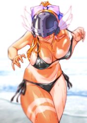 1girl alternate_hairstyle angel angel_girl angewomon bikini black_bikini breasts curvy digimon digimon_(creature) duplicate gerusyu head_wings highres large_breasts long_hair mask ponytail swimsuit tan tanline thong_bikini wide_hips wings