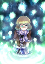Rule 34 | 1girl, 8hachio, arm warmers, blonde hair, female focus, green eyes, hair in own mouth, highres, mizuhashi parsee, pointy ears, scarf, solo, touhou