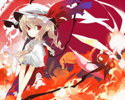 Rule 34 | 1girl, ascot, bad id, bad pixiv id, blonde hair, embodiment of scarlet devil, female focus, fire, flandre scarlet, from side, hat, k (li), long hair, mob cap, red eyes, ribbon, smile, solo, touhou, upper body, v arms, weapon, white hat, wings