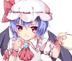 Rule 34 | 1girl, arms up, ascot, bat wings, blouse, blue hair, brooch, commentary request, cup, cycloneyukari, fingernails, frilled shirt collar, frills, hair between eyes, hand on own chest, hat, hat ribbon, holding, holding cup, jewelry, light smile, looking at viewer, mob cap, puffy short sleeves, puffy sleeves, red ascot, red eyes, remilia scarlet, ribbon, shirt, short hair, short sleeves, simple background, solo, teacup, touhou, upper body, white background, white hat, white shirt, wings, wrist cuffs