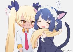 Rule 34 | 10s, 2girls, animal ears, blonde hair, blue hair, blush, buttons, cat ears, cat tail, closed eyes, closed mouth, collared shirt, cowboy shot, cyan (show by rock!!), dark-skinned female, dark skin, eyebrows, fang, glasses, grey background, hair ribbon, hair scarf, ica, long hair, long sleeves, maid headdress, multiple girls, necktie, open mouth, red necktie, retoree (show by rock!!), ribbon, ringlets, semi-rimless eyewear, shirt, show by rock!!, simple background, smile, tail, translation request, twintails, twitter username, under-rim eyewear, white shirt, yellow eyes