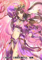 Rule 34 | 1girl, arm up, brown hair, cherry blossoms, eiwa, hand fan, feather fan, flower, glint, hair flower, hair ornament, jewelry, long hair, looking at viewer, navel, necklace, official art, parted lips, pink background, purple eyes, sangokushi taisen, silk, smile, solo, standing, very long hair, watermark, wide sleeves