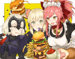 Rule 34 | 3girls, absurdres, ahoge, animal ear fluff, animal ears, animal hands, apron, armor, armored dress, artoria pendragon (all), artoria pendragon (fate), bell, blonde hair, blush, breasts, burger, c xj, can, cat paws, chain, collar, collarbone, dark persona, fangs, fate/grand order, fate/stay night, fate (series), food, fox ears, fox girl, french fries, gloves, gothic lolita, hair ribbon, headpiece, highres, jeanne d&#039;arc (fate), jeanne d&#039;arc alter (avenger) (fate), jeanne d&#039;arc alter (fate), jingle bell, ketchup, large breasts, lolita fashion, long hair, multiple girls, neck bell, open mouth, pancake, paw gloves, pink hair, ponytail, red ribbon, ribbon, saber alter, saliva, short hair, silver hair, tamamo (fate), tamamo cat (fate), tamamo cat (second ascension) (fate), yellow eyes