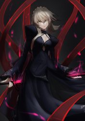 Rule 34 | 1girl, artoria pendragon (fate), black dress, blonde hair, braid, breasts, center opening, closed mouth, dress, excalibur morgan (fate), fate/stay night, fate (series), french braid, highres, holding, holding sword, holding weapon, juliet sleeves, ki (kai oekakikun), long sleeves, looking at viewer, medium breasts, medium hair, puffy sleeves, saber alter, shrug (clothing), solo, sword, weapon, yellow eyes