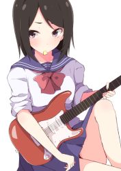 Rule 34 | 1girl, blue sailor collar, blue skirt, blush, bow, brown eyes, brown hair, closed mouth, electric guitar, enelis, fingernails, guitar, holding, holding instrument, instrument, long hair, long sleeves, looking at viewer, mouth hold, nail polish, original, pink nails, pleated skirt, plectrum, red bow, sailor collar, school uniform, serafuku, shirt, simple background, sitting, skirt, sleeves pushed up, solo, white background, white shirt