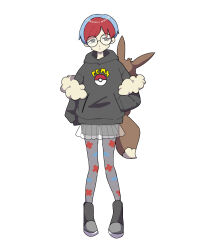 Rule 34 | 1girl, aoharu (aohr222), backpack, bag, boots, brown bag, closed mouth, commentary request, creatures (company), full body, game freak, glasses, grey eyes, hand in pocket, highres, hood, hoodie, multicolored hair, nintendo, pantyhose, penny (pokemon), poke ball print, pokemon, pokemon sv, red hair, round eyewear, see-through, see-through skirt, short hair, shorts, shorts under skirt, simple background, skirt, solo, standing, two-tone hair, white background