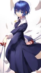 Rule 34 | 1girl, ahoge, between fingers, black dress, black keys (type-moon), blue eyes, blue hair, breasts, ciel (tsukihime), closed mouth, commentary request, cross, cross necklace, dress, dual wielding, fingernails, habit, hair between eyes, herigaru (fvgyvr000), highres, holding, holding sword, holding weapon, jewelry, long dress, long sleeves, looking away, necklace, nun, short hair, small breasts, solo, sword, traditional nun, tsukihime, tsukihime (remake), weapon