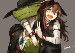 Rule 34 | 1girl, animal ears, arms around neck, artist name, brown background, brown hair, brown jacket, dragon, hair between eyes, holding hands, hat, jacket, jewelry, kerchief, lansane, long hair, long sleeves, looking at viewer, necklace, open mouth, original, red eyes, ring, shirt, skirt, smile, teeth, thumb ring, tsana (lansane), v, vest, wolf ears, wristband, yellow eyes