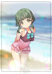 Rule 34 | 1girl, absurdres, adapted costume, aqua bow, aqua bowtie, beach, blunt bangs, bow, bowtie, brown eyes, casual one-piece swimsuit, cowboy shot, crop top, feet out of frame, green hair, highres, kantai collection, knees together feet apart, leaning forward, ocean, one-piece swimsuit, outdoors, pink one-piece swimsuit, short hair with long locks, smile, solo, swimsuit, swimsuit skirt, takanami (kancolle), yashin (yasinz)