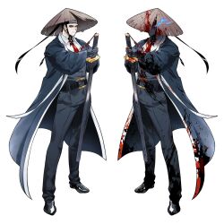 Rule 34 | 1boy, belt, black belt, black coat, black eyes, black hair, black pants, black vest, blood, blood on clothes, blood on face, blue eyes, blue fire, chin strap, coat, collared shirt, fire, glowing, glowing eye, hat, highres, limbus company, looking at viewer, meursault (project moon), multiple views, necktie, nyak 138, pants, project moon, red necktie, rice hat, sheath, sheathed, shirt, simple background, sword, unsheathing, vest, weapon, white background, white shirt