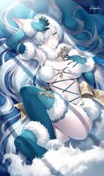 Rule 34 | 1girl, anastasia (fate), animal ears, blue eyes, blue gloves, blue thighhighs, blush, cosplay, elbow gloves, fate/grand order, fate (series), fur, fur-trimmed gloves, fur-trimmed legwear, fur trim, gloves, hair over one eye, hairband, kousaki rui, long hair, looking at viewer, lying, mash kyrielight, mash kyrielight (dangerous beast), mash kyrielight (dangerous beast) (cosplay), official alternate costume, on back, revealing clothes, silver hair, solo, thighhighs, thighs, very long hair, wolf ears