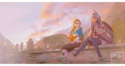 Rule 34 | 2girls, absurdres, blonde hair, dated, fingerless gloves, forehead tattoo, gloves, hair bun, hair ornament, hair stick, highres, hyrule warriors: age of calamity, impa, irisl, long hair, looking at another, multiple girls, nintendo, own hands together, pointy ears, princess zelda, silver hair, single hair bun, smile, soaking feet, the legend of zelda, the legend of zelda: breath of the wild, toeless legwear, very long hair, water