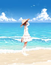 Rule 34 | 1girl, barefoot, beach, bird, blue sky, blush, brown eyes, brown hair, cloud, day, dress, from side, hand on headwear, hat, hat ribbon, highres, holding, holding shoes, horizon, looking afar, nekoze (chatte secca), ocean, original, outdoors, pale skin, profile, ribbon, sandals, unworn sandals, shoes, short hair, sky, sleeveless, sleeveless dress, solo, standing, sun hat, sundress, wading, water, waves, white dress