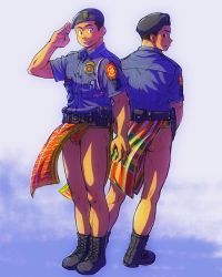 Rule 34 | 2boys, ankle boots, ass, bad id, bad pixiv id, belt, blush, boots, hat, highres, loincloth, looking back, male focus, multiple boys, original, pelvic curtain, police, police hat, police uniform, salute, smile, thighs, torte (triggerhappy), uniform