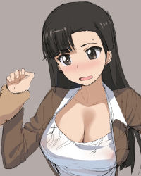 Rule 34 | 10s, 1boy, 1girl, a1 (initial-g), black hair, blush, breasts, brown eyes, cleavage, collarbone, girls und panzer, highres, holding another&#039;s wrist, jacket, large breasts, nishi kinuyo, non-web source, open clothes, open jacket, open mouth, tank top