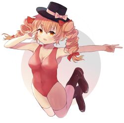 Rule 34 | 1girl, alternate costume, ar (maeus), black hat, blush, boots, breasts, brown eyes, brown footwear, cleavage, collarbone, drill hair, hair between eyes, hat, highres, leotard, light brown hair, long hair, medium breasts, open mouth, red leotard, solo, thighhighs, top hat, touhou, twin drills, twintails, white thighhighs, yorigami jo&#039;on