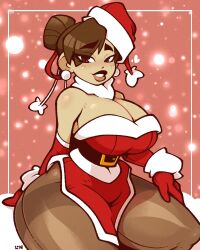 Rule 34 | 1girl, bare shoulders, breasts, capcom, christmas, chun-li, earrings, hat, highres, jewelry, large breasts, legendofnerd, lips, looking at viewer, santa hat, sitting, smile, solo, street fighter, thick thighs, thighs