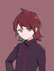 Rule 34 | 1boy, closed mouth, commentary request, cowlick, creatures (company), film grain, game freak, grey eyes, jacket, male focus, medium hair, nintendo, pokemon, pokemon hgss, purple jacket, red background, red hair, shyh yue, silver (pokemon), solo, upper body