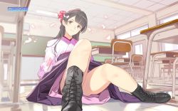 Rule 34 | 1girl, ankle boots, black footwear, black hair, boots, bow, brown eyes, classroom, cross-laced footwear, hair bow, japanese clothes, kimono, lace-up boots, long hair, mibu natsuki, school, solo