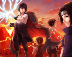 Rule 34 | 1boy, age progression, arm warmers, artist request, black eyes, black hair, child, cloak, crest, electricity, family crest, forehead protector, from behind, high collar, highres, looking at viewer, looking back, naruto (series), naruto shippuuden, red eyes, sky, smile, spiked hair, standing, sunset, sword, uchiha sasuke, weapon, wind