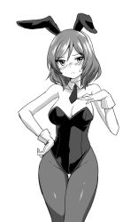 Rule 34 | 10s, 1girl, bare shoulders, blush, breasts, detached collar, eyebrows, gloves, greyscale, hand on own hip, leotard, looking at viewer, love live!, love live! school idol project, medium breasts, monochrome, nishikino maki, pantyhose, playboy bunny, short hair, simple background, solo, white background, zaxwu