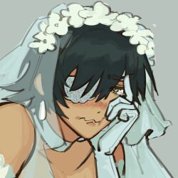 Rule 34 | 1girl, black hair, blush, bridal veil, chainsaw man, dress, elbow gloves, eyepatch, gloves, grey background, highres, himeno (chainsaw man), liowig, looking at viewer, short hair, simple background, solo, tearing up, veil, wavy mouth, wedding dress, white dress, white gloves