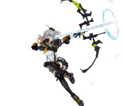 Rule 34 | 1girl, archery, artist request, bow (weapon), colored inner hair, grey hair, half updo, multicolored hair, official art, orange eyes, orange hair, ponytail, short ponytail, short sleeves, snowflakes, solo, thighhighs, tower of fantasy, tsubasa (tower of fantasy), weapon