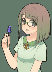 Rule 34 | 1girl, blush, brown hair, flower, glasses, green-framed eyewear, grey eyes, highres, holding, holding flower, long hair, open mouth, original, oza watto, simple background, smile, solo