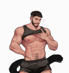 Rule 34 | 1boy, :p, abs, bad id, bad twitter id, bara, beard, biceps, black hair, blue eyes, buzz cut, clothes lift, earphones, facial hair, hand on own hip, hand on own chest, highres, kuroshima kurishiro (muyi24108414), large pectorals, looking at viewer, male focus, manly, muscular, muscular male, navel, navel hair, nipples, original, pectorals, shirt lift, short hair, shorts, solo, sweat, sweatdrop, tail, tank top, thick arms, thick eyebrows, tongue, tongue out, underpec, very short hair