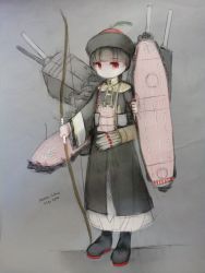 Rule 34 | 10s, 1girl, absurdres, aircraft carrier, arrow (projectile), black hair, boots, bow, braid, child, chinese clothes, flandre495, flight deck, grey theme, hat, highres, jewelry, jiangshi, kantai collection, marksman, military, military vehicle, necklace, original, pink theme, quiver, red eyes, red soles, sad, shinano (aircraft carrier), shinano (kancolle), ship, solo, warship, watercraft