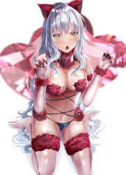 Rule 34 | 1girl, animal ears, bare shoulders, blush, bow, breasts, caren hortensia, caren hortensia (amor caren), cleavage, cosplay, elbow gloves, fate/grand order, fate (series), fur-trimmed gloves, fur-trimmed legwear, fur collar, fur trim, gloves, highres, lace, lace-trimmed legwear, lace trim, long hair, looking at viewer, mash kyrielight, mash kyrielight (dangerous beast), mash kyrielight (dangerous beast) (cosplay), medium breasts, navel, o-ring, official alternate costume, open mouth, red gloves, red thighhighs, revealing clothes, sitting, solo, tail, thighhighs, thighs, toukaiseiya, wariza, wavy hair, white hair, wolf ears, wolf tail, yellow eyes