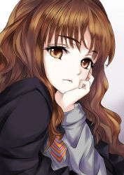 Rule 34 | 1girl, brown eyes, brown hair, hand on own cheek, hand on own face, harry potter (series), hermione granger, looking at viewer, matsuryuu, solo, uniform, wizarding world