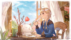 Rule 34 | 1girl, antenna hair, artist name, blonde hair, blue jacket, blue sky, blunt bangs, book, border, braid, branch, brown eyes, cherry blossoms, child, closed eyes, cloud, company name, copyright name, copyright notice, creature, curtains, day, elbow rest, falling petals, final fantasy, final fantasy xiv, from side, hanging scroll, highres, holding, holding quill, hyur, indoors, jacket, leaf, long hair, long sleeves, looking afar, looking up, moogle, official art, okamoto koudai, on chair, open window, paper, petals, quill, scroll, signature, sitting, sky, smile, sparkle, spring (season), table, tree, twin braids, upper body, whiskers, white border, wind, window, wooden chair, wooden table, wooden wall