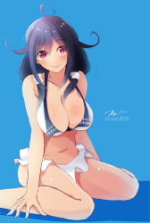 Rule 34 | 10s, 1girl, ahoge, bad id, bad pixiv id, bikini, blue background, blue hair, blush, breasts, cleavage, collarbone, dated, female focus, highres, kantai collection, large breasts, long hair, looking at viewer, navel, red eyes, simple background, sitting, smile, solo, strap gap, swimsuit, taigei (kancolle), tebi (tbd11), wariza