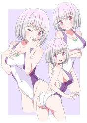 Rule 34 | 1girl, absurdres, ass, breasts, competition swimsuit, cowboy shot, gridman universe, highres, large breasts, light purple hair, looking at viewer, multiple views, one-piece swimsuit, parted lips, red eyes, shinjou akane, sho (shoshos 8888), short hair, ssss.gridman, swimsuit, two-tone swimsuit, white one-piece swimsuit