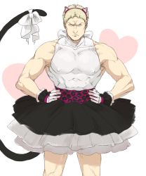 Rule 34 | 1boy, alternate costume, animal ears, bare arms, bare shoulders, black skirt, blonde hair, bow, cat ears, cat tail, covered abs, covered erect nipples, crossdressing, fake animal ears, feet out of frame, frilled skirt, frills, frown, hands on own hips, highres, impossible clothes, looking at viewer, male focus, muscular, muscular male, nene (10575936), pectorals, reiner braun, shingeki no kyojin, short hair, skin tight, skirt, sleeveless, solo, straight-on, tail, tail bow, tail ornament, thighs