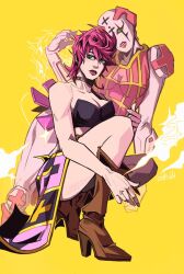 Rule 34 | 2girls, bare shoulders, boots, breasts, choker, cleavage, cloud, curly hair, darwh, green eyes, highres, jojo no kimyou na bouken, medium breasts, midriff, multiple girls, pink hair, short hair, skirt, spice girl (stand), squatting, strapless, trish una, tube top, vento aureo, yellow background
