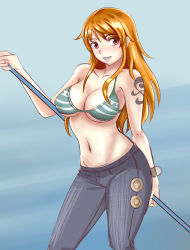 Rule 34 | 1girl, absurdres, angel pena (angelox), bikini, bikini top only, breasts, brown eyes, cleavage, contrapposto, denim, highres, jeans, large breasts, long hair, nami (one piece), navel, one piece, orange hair, pants, polearm, smile, solo, staff, standing, swimsuit, tattoo, weapon