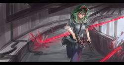 Rule 34 | 1girl, arceonn, bare shoulders, dual wielding, goggles, goggles on head, green hair, gumi, gun, handgun, highres, holding, laser, leggings, letterboxed, pistol, red eyes, running, science fiction, short hair, skirt, solo, vocaloid, weapon