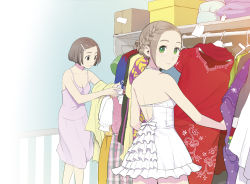 Rule 34 | 2girls, back, bare arms, bare shoulders, box, braid, brown eyes, brown hair, cardboard box, closed mouth, clothes, clothes hanger, dress, dressing, from behind, green eyes, hair ornament, hairclip, lingerie, looking at viewer, looking back, morifumi, multiple girls, original, pink skirt, short hair, skirt, spaghetti strap, standing, tag, underwear, white dress