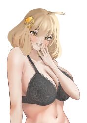 Rule 34 | 1girl, ahoge, anis (nikke), black bra, blonde hair, blush, bra, breasts, goddess of victory: nikke, grin, hair ornament, hand to own mouth, large breasts, nyang1, orange eyes, parted lips, simple background, smile, solo, underwear, white background