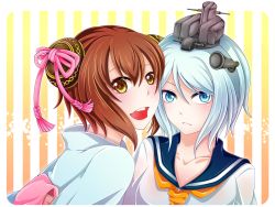 Rule 34 | 2girls, :&lt;, alternate hairstyle, aoki hagane no arpeggio, bad id, bad pixiv id, blue eyes, brown eyes, brown hair, buck teeth, collarbone, cosplay, costume switch, dress, hairstyle switch, highres, japanese clothes, kantai collection, kimono, multiple girls, name connection, nanaichi (71nanana), sailor dress, short hair, teeth, upper body, white hair, yukikaze (aoki hagane no arpeggio), yukikaze (aoki hagane no arpeggio) (cosplay), yukikaze (kancolle), yukikaze (kancolle) (cosplay)