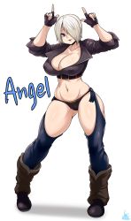Rule 34 | 1girl, absurdres, angel (kof), blue eyes, boots, breasts, character name, cleft of venus, cowboy boots, highres, jmg, large breasts, mexico, short hair, skirt, smile, solo, standing, stomach, the king of fighters, white hair
